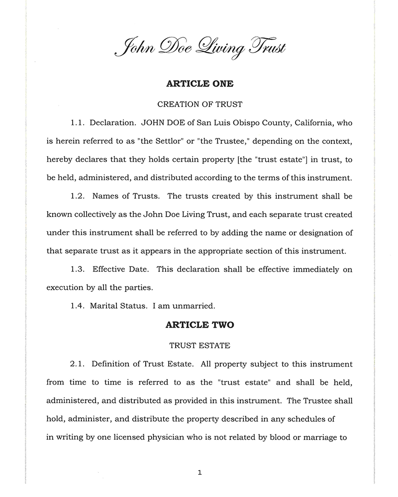 California living trust document example John Doe Living Trust estate plan pour-over will
